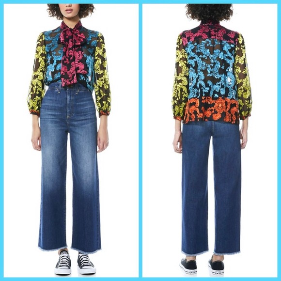 NWT Alice + Olivia Jeannie Show Me Love Tie Neck Silk Jacquard Velvet Blouse M - Picture 4 of 16